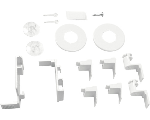 Súprava príslušenstva pre skladané žalúzie so skrutkou, lepiacimi pásikmi, dištančnými prvkami a upínacími pätkami