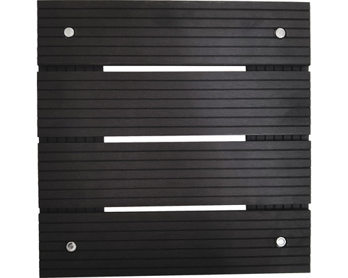 Tmavohnedý terasový prvok z dreva so štyrmi striebornými skrutkami