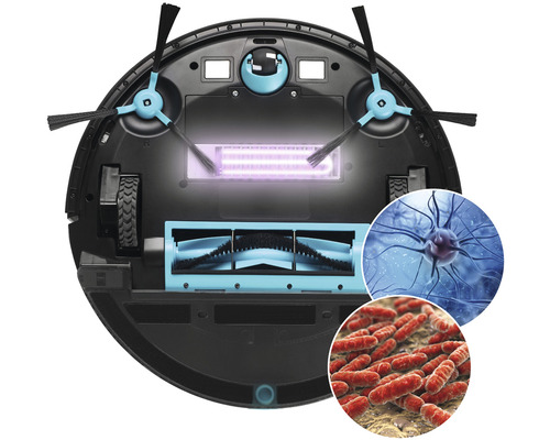 Spodná strana robotického vysávača s UV svetlom a zobrazením baktérií a vírusov
