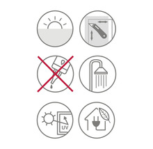 Symboly pre denné svetlo, rezanie, žiadna vlhkosť, sprcha, UV ochrana a zelená elektrina