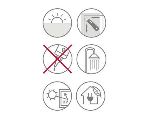 Symboly pre denné svetlo, rezanie, žiadna vlhkosť, sprcha, UV ochrana a zelená elektrina