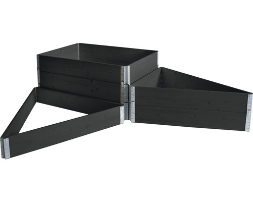 Drevený vyvýšený záhonový systém s obdĺžnikovými a trojuholníkovými prvkami