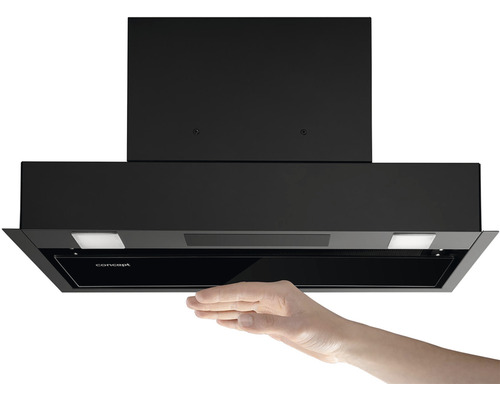 Kovový digestor s ovládacím panelom a integrovaným osvetlením.