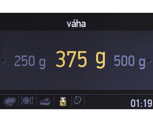 Displej kuchynskej váhy s údajmi o hmotnosti