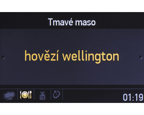 Displej s textovými informáciami pre prípravu tmavého mäsového pokrmu Wellington