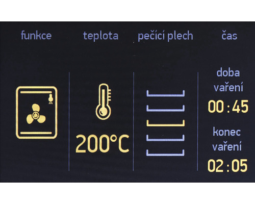 Displej so symbolmi pre funkciu, teplotu, plech na pečenie a dobu varenia