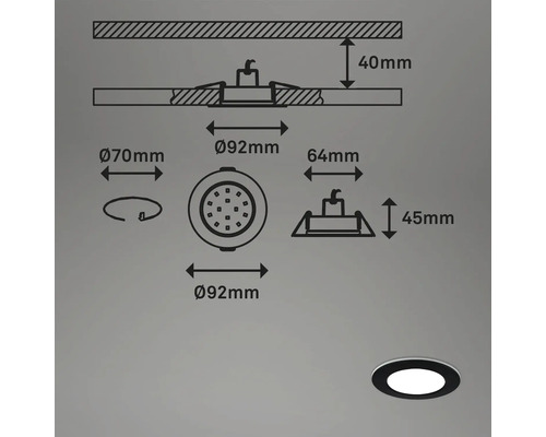 Technický nákres vstavaného svietidla s rozmermi