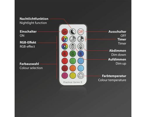 Diaľkové ovládanie pre lampu s funkciami ako nočné svetlo, časovač a výber farieb