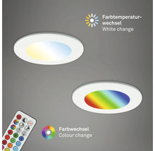 Dve okrúhle LED stropné svietidlá s funkciou zmeny farby a zmeny teploty farieb a zodpovedajúce diaľkové ovládanie.