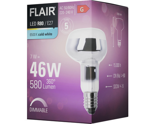 LED žiarovka FLAIR R80 E27, 7 W, zodpovedá 46 W, 6500 Kelvinov studená biela, stmievateľná