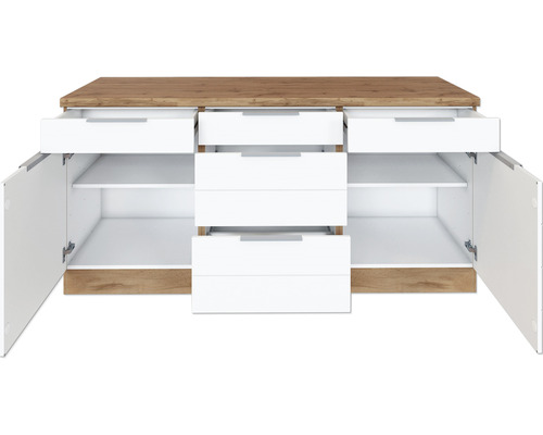 Príborník s otvorenými zásuvkami a dvierkami skriniek