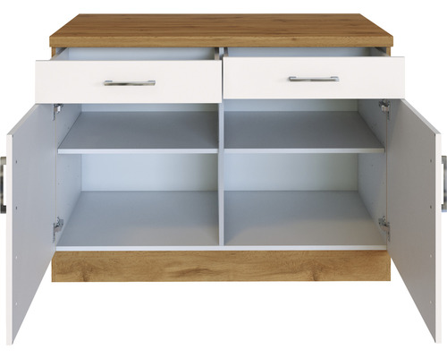 Komoda s dvoma zásuvkami a dvoma otvorenými dverami