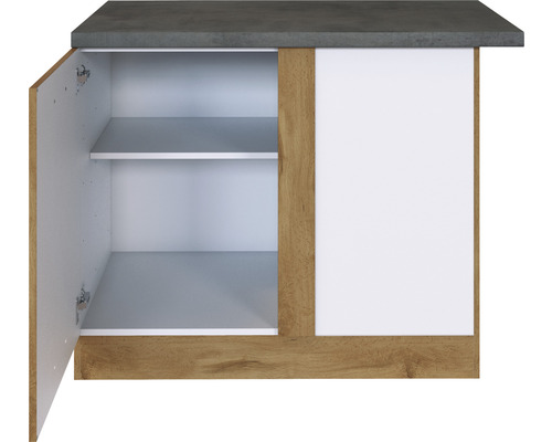 Závesná skrinka s otvorenými dvierkami, dve police a pracovná doska