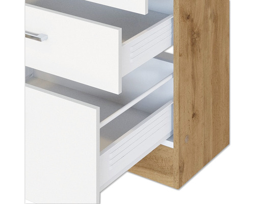 Výsuvná skriňa s bielymi zásuvkami a dreveným korpusom