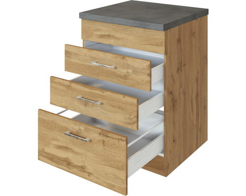 Spodná skrinka s tromi zásuvkami a sivou pracovnou doskou