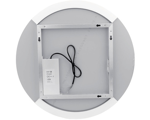 Pohľad zozadu na okrúhle zrkadlo s LED osvetlením a montážnym rámom