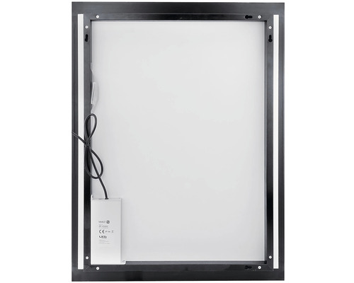 Pohľad zozadu na obdĺžnikové zrkadlo s čiernym rámom a LED osvetlením