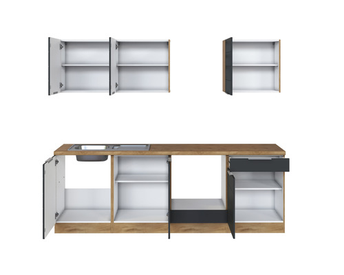 Kuchynská linka s drezom, spodnými skrinkami a hornými skrinkami