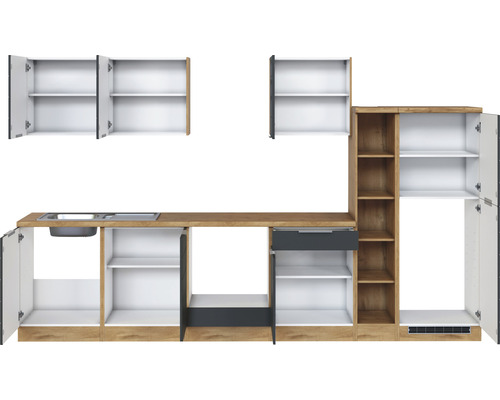 Kuchynská linka s drezom, zásuvkou, skrinkami a policami