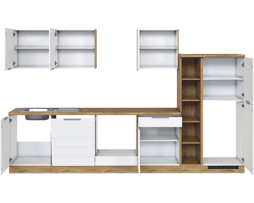 Kuchynská linka s drezom, skrinkami a policami na zariadenie kuchyne