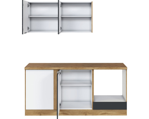 Súprava kuchynského nábytku so závesnou skrinkou, spodnou skrinkou a otvorenou policou