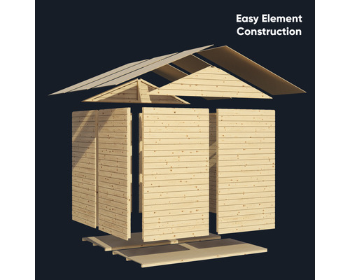 Rozkreslený pohľad na záhradný domček s jednoduchou konštrukciou