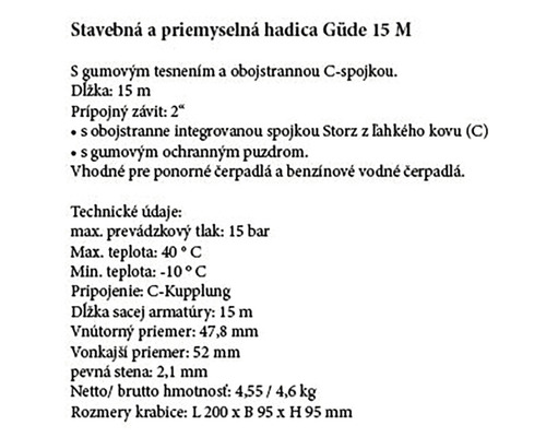 Informácie o produkte pre stavebnú a priemyselnú hadicu Güde 15 metrov