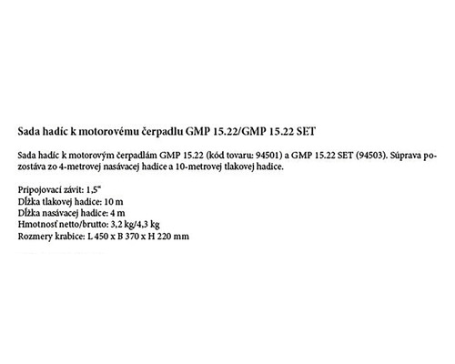 Informácie o súprave hadíc pre motorové čerpadlo GMP 15.22/GMP 15.22 SET