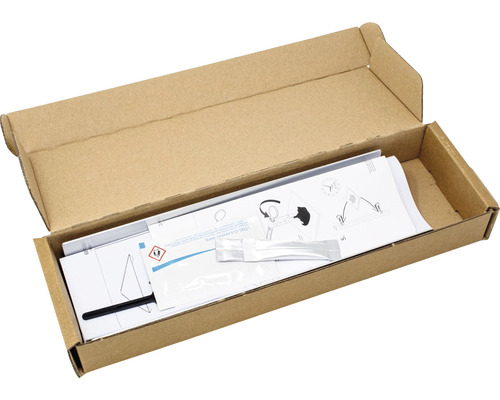 Otvorená kartónová krabica s montážnym príslušenstvom a návodom