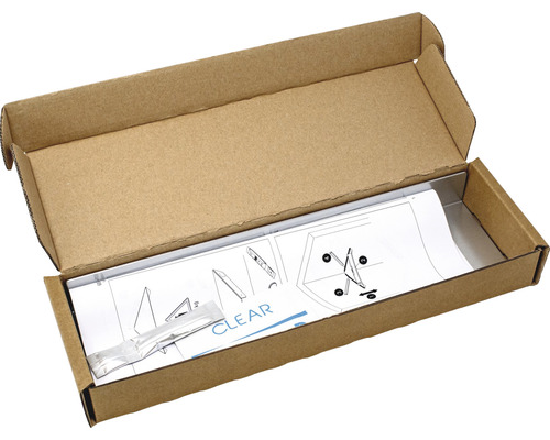 Otvorené balenie s montážnym návodom a lepidlom pre nástennú policu