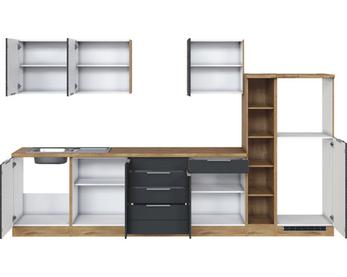 Kuchynská linka s drezom, zásuvkami a otvorenými policami