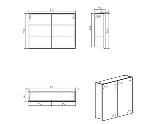 Technický nákres zrkadlovej skrinky s rozmermi