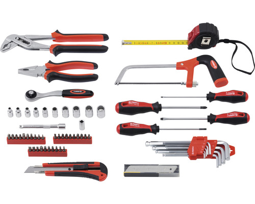 Sada náradia s kliešťami, skrutkovačom, nastaviteľným kľúčom, pílkou na kov, kľúčom, bitmi a zvinovacím metrom