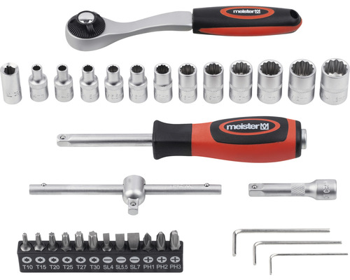 Sada nástrčných kľúčov s račňou, rôznymi nástrčnými hlavicami, skrutkovačom a bitmi