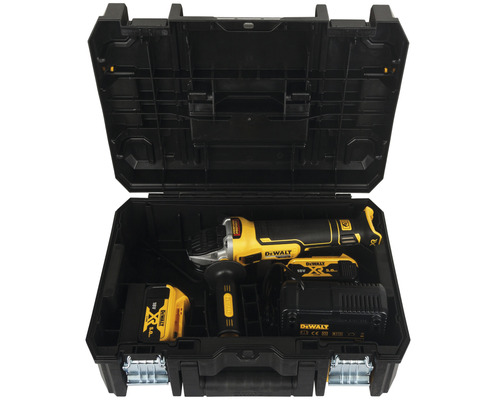Súprava akumulátorových nožníc na plech Dewalt v kufríku na náradie s batériou a nabíjačkou