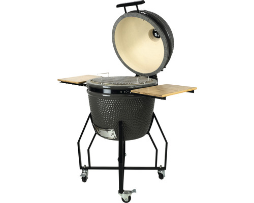 Keramický gril s otvoreným vekom, grilovací rošt a drevené police