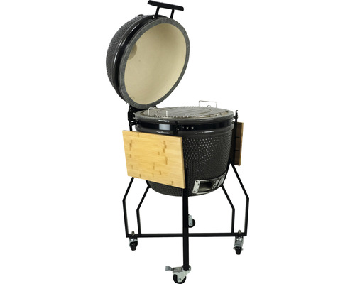 Keramický gril s otvoreným vekom, grilovací rošt a bambusové bočné stolíky