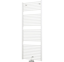 Biely kúpeľňový radiátor s vodorovnými vykurovacími tyčami a bočnými držiakmi na montáž na stenu.