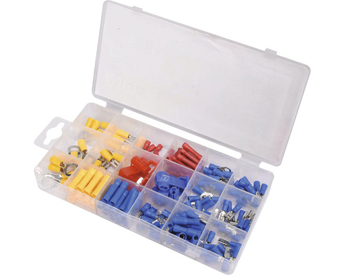 Sortiment káblových očiek a konektorov v priehľadnej krabičke