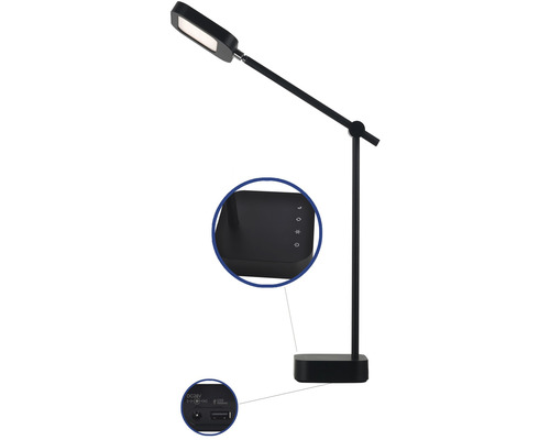Čierna LED stolná lampa s ovládacím panelom a USB portom
