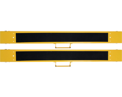 Dve žlté nájazdové rampy s čiernym protišmykovým povrchom a rukoväťou na prenášanie.