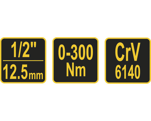 Symboly pre 1/2 palca, 12,5 mm, 0 až 300 newtonmetrov a chróm-vanád 6140