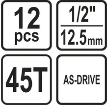 Informácie o sade nástrčných kľúčov: 12 kusov, 1/2 palca, 12,5 mm, 45 zubov, profil AS-Drive