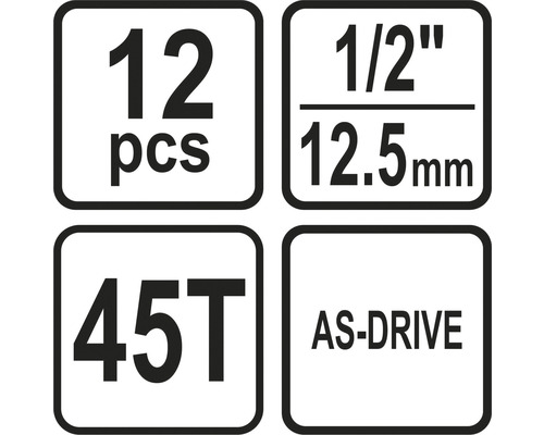 Informácie o sade nástrčných kľúčov: 12 kusov, 1/2 palca, 12,5 mm, 45 zubov, profil AS-Drive