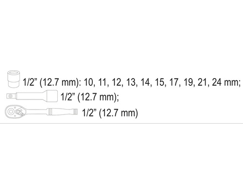 Nástrčný kľúč, predĺženie a račňa s 1/2-palcovým pohonom