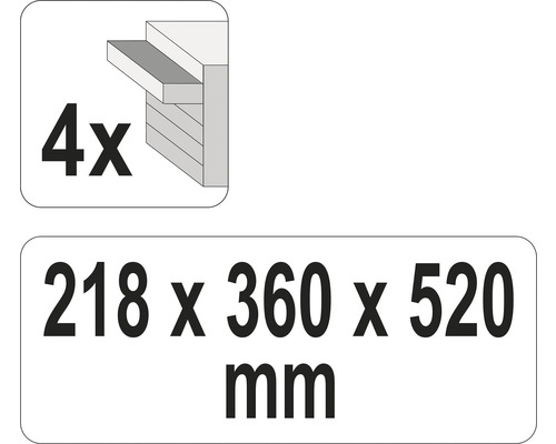 Informácie o počte a veľkosti: 4 kusy, 218 x 360 x 520 milimetrov