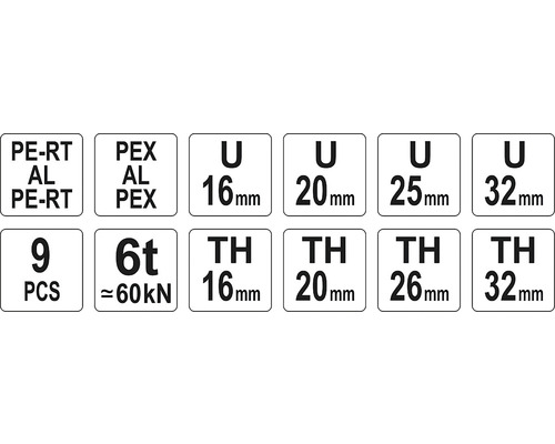 Informácie o lisovacích čeľustiach PE-RT, PEX, U a TH s rôznymi priemermi, počtom kusov a tlakom