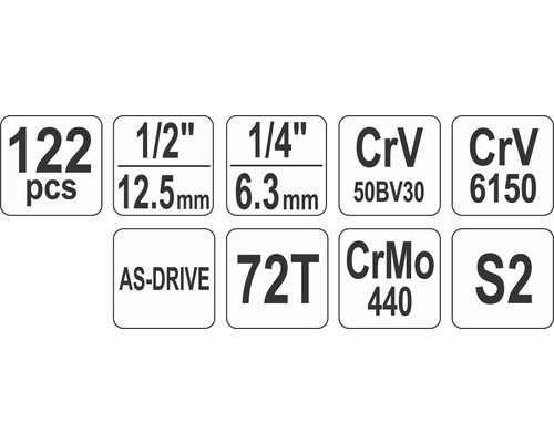 Informácie o súprave nástrčných kľúčov: 122 kusov, 1/2 palca, 12,5 mm, 1/4 palca, 6,3 mm, chróm-vanád 50BV30, chróm-vanád 6150, AS-Drive, 72 zubov, chróm-molybdén 440, S2
