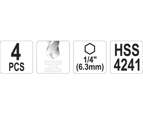 Informácie o sade vrtákov: 4 kusy, vrták, veľkosť 1/4 palca, HSS 4241