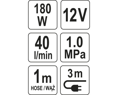 Technické údaje: 180 wattov, 12 voltov, 40 litrov za minútu, 1,0 MPa, 1 meter dĺžka hadice, 3 metre dĺžka kábla